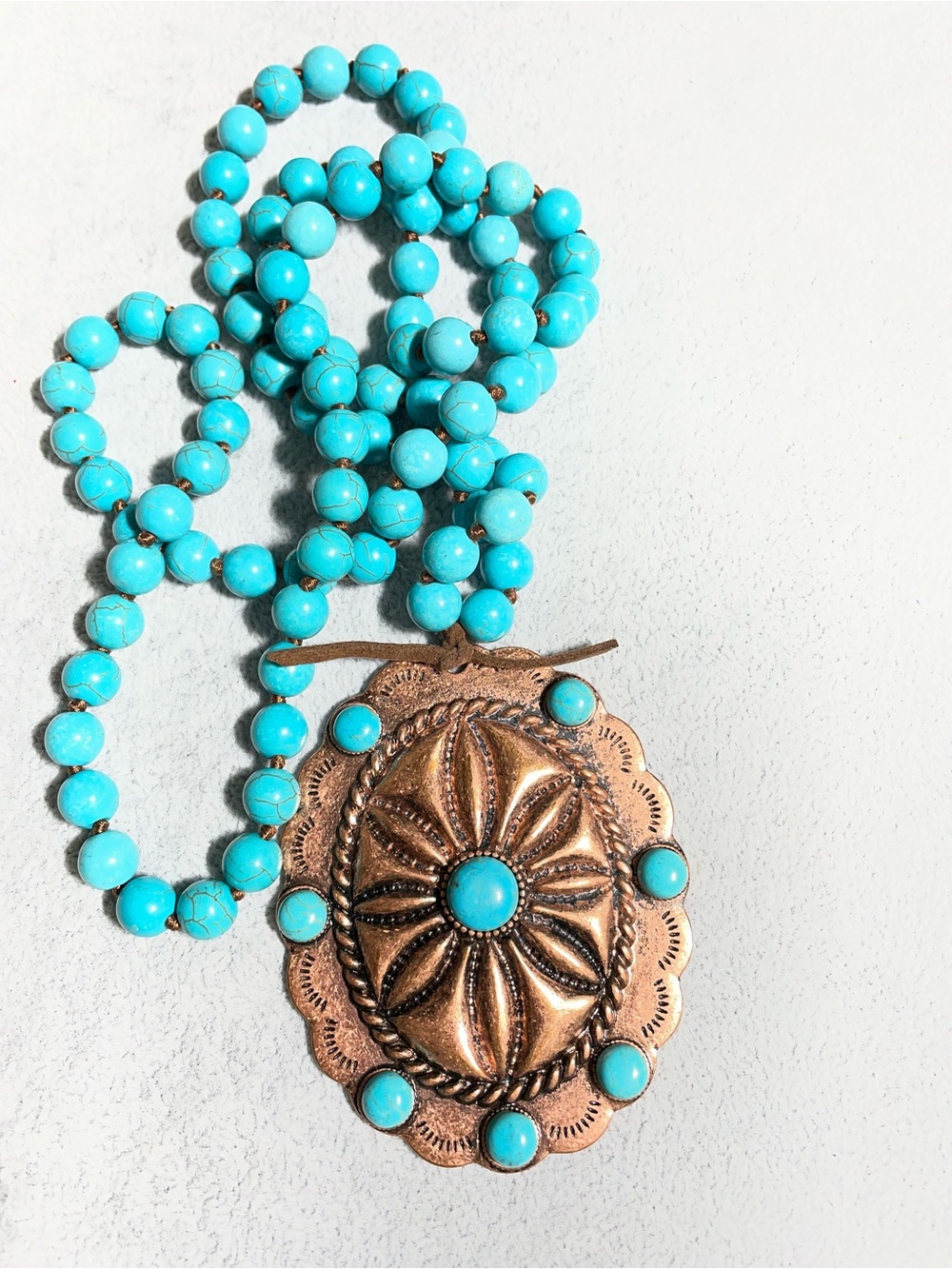 Turquoise Howlite Beaded Copper Concho Pendant Necklace 19" L